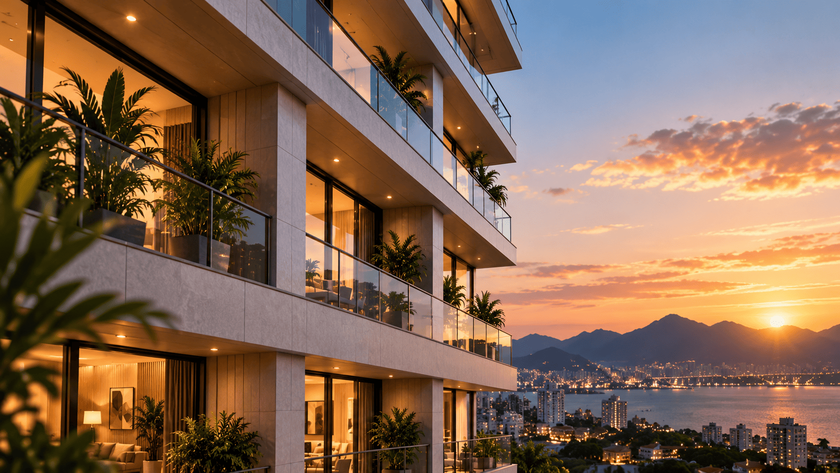 Fachada de edifício residencial moderno ao pôr do sol, com varandas e vista para a baía