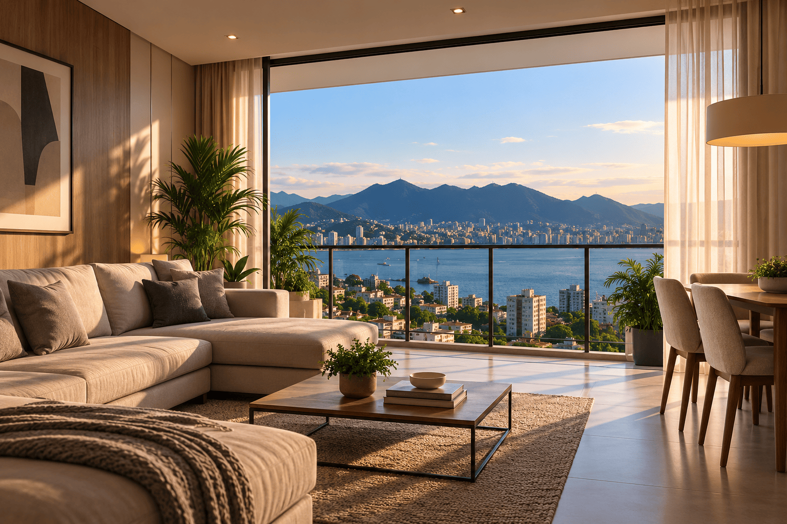 Sala de estar iluminada, com sofá e amplo janelão com vista para a cidade e o mar